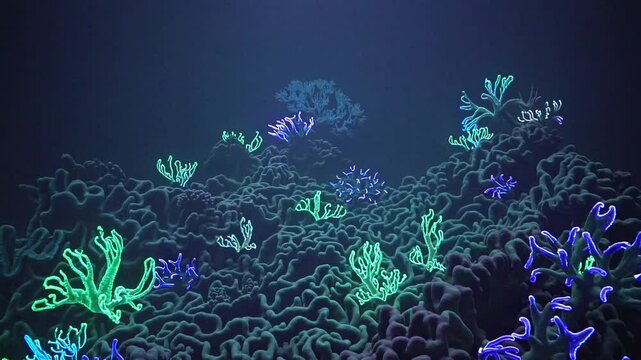 A magical and surreal underwater world with vibrant, bioluminescent coral and sea plants glowing in the deep blue ocean. A fantastical and serene marine landscape.