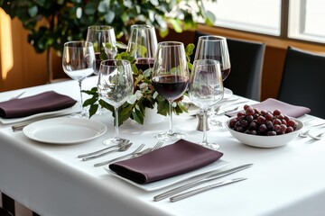 Fototapeta premium Elegant table setting featuring rich linens and glassware cozy restaurant food photography warm lighting overhead view dining experience