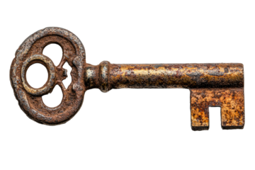 Intricate old rusty key on clear background