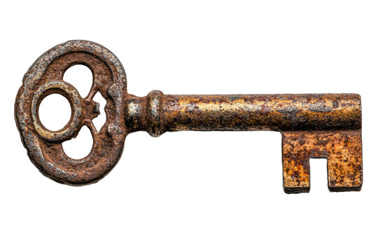 Intricate old rusty key on clear background