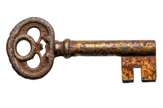 Intricate old rusty key on clear background