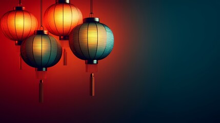 Illuminated Asian lanterns hanging against a dark background, ideal for festive celebrations or cultural events