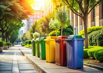 Eco-Friendly Public Recycling Bins: Clean City Streetscape Stock Photo