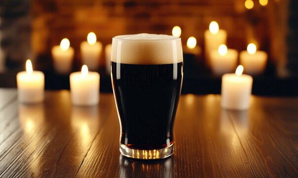 A dark beer in a glass, served on a wooden table with glowing candlelight, creating a warm and inviting atmosphere.