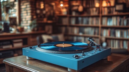Obraz premium A blue turntable plays vinyl records in a warmly lit library, creating a nostalgic ambiance filled with books