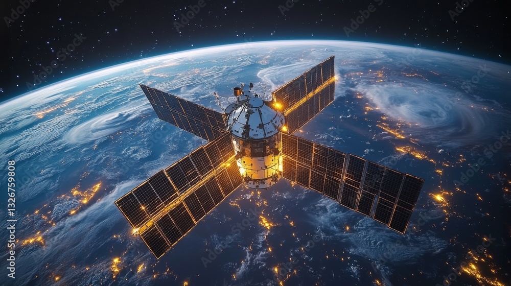Aufkleber A sophisticated satellite orbits Earth, collecting telemetry and imagery for geospatial analysis and surveillance. Advanced AI processes data to enhance monitoring capabilities.