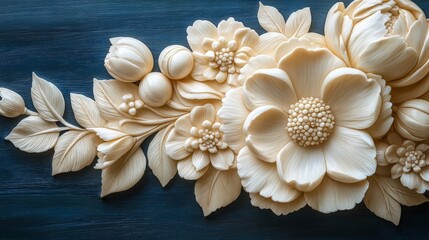 A beautiful floral relief carving with detailed flowers and leaves, showcasing impressive craftsmanship