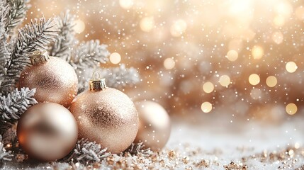 Rose gold ornaments rest on snow near a frosted pine branch, sparkling lights blur in the background; ideal for holiday greeting cards