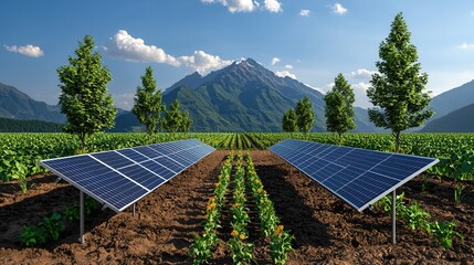 Solar Panels on Agricultural Land with Mountains and Clear Sky in Background
