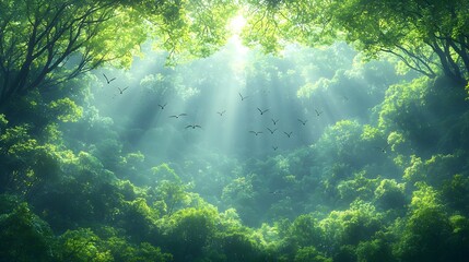 Lush Rainforest Canopy with Glowing Moss and Soaring Birds