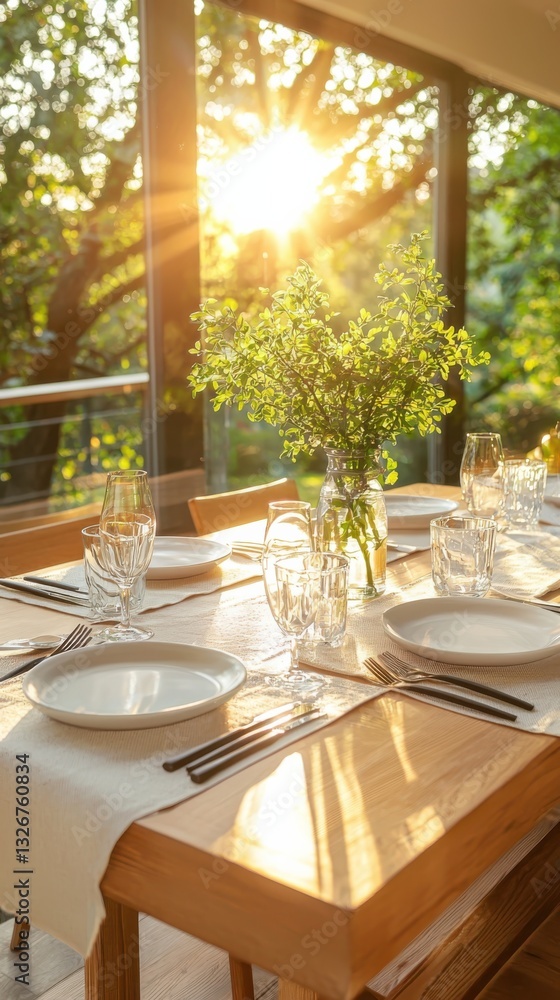 Poster rustic dining table setting with durable linen napkins sunlit environment capturing fabric resilienc