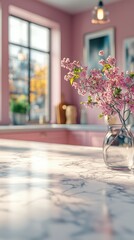 Bright and airy kitchen with a marble countertop and pink flower arrangement in a sunny, warm environment