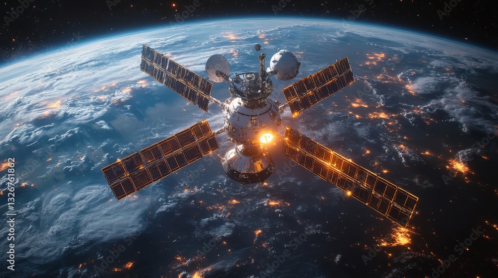 Poster This satellite orbits Earth, utilizing solar panels to harness energy. It transmits GPS and telemetry signals while enabling precise global positioning and tracking across various applications.