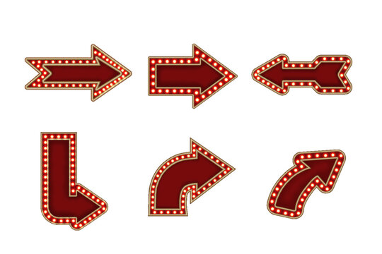 Marquee frames arrows with red border, retro casino sign. Vintage circus banners with yellow light bulbs. Vector illustration.