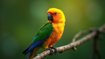 Fototapeta premium A vibrant parrot bird small with bright yellow, orange, green, and blue feathers perched on a branch.