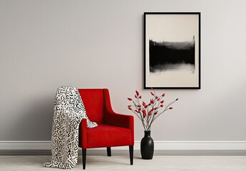 A minimal modern interior with an accent red chair, a vase of flowers, and a wall art frame on the beige wall, a red and white blanket placed next to it