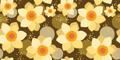Flower Seamless Pattern Design with big, small and dark brown background. Flat vector illustration for fabric, textile, fashion, wallpaper, wrapping and all prints.