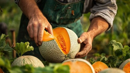 Hands holding a sliced cantaloupe melon in a field surrounded by more melons