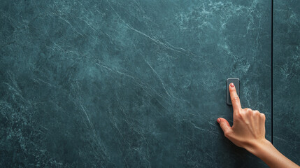 hand pressing button on textured green surface, conveying interaction and modern design