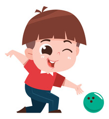 A cheerful young boy with brown hair wearing a red shirt and jeans is playing bowling
