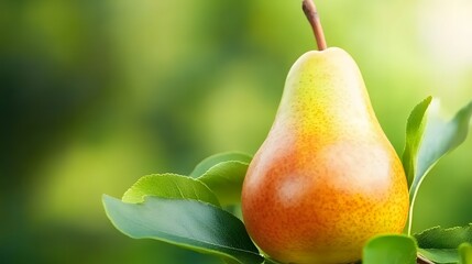 Juicy Ripe Pear on Branch with Green Leaves