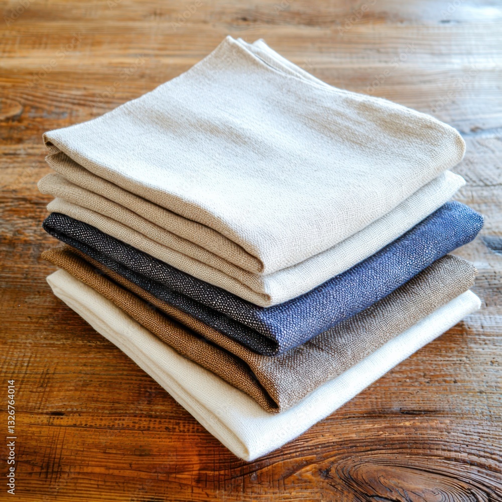 Poster elegant durable linen napkins stacked on rustic table soft light top-down view showcasing weave and 