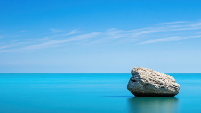 solitary rock formation sits peacefully on calm ocean shore under clear blue sky, creating serene and zen like atmosphere