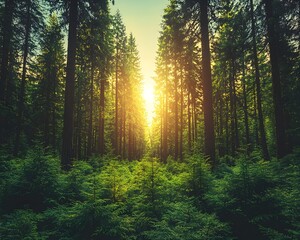 Fototapeta premium Majestic Forest of Towering Sequoia Trees with Lush Undergrowth and Glowing Sunlight