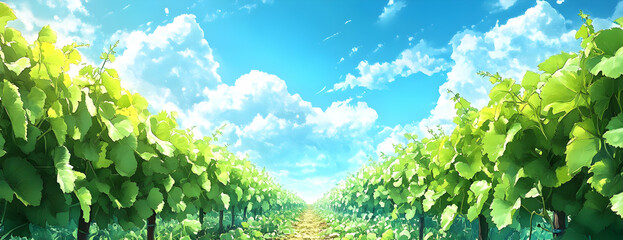 Sunny vineyard path, blue sky
