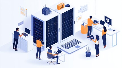A digital illustration of a data center environment with people working on servers, computers, and technology.