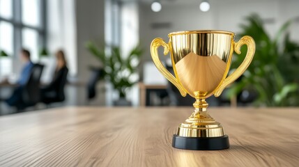 Gold trophy on wooden table in modern office setting with blurred background of coworkers. Achievement, success, and teamwork concept.