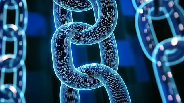 Futuristic glowing blue chains interlinked against a digital background, symbolizing connection and technology