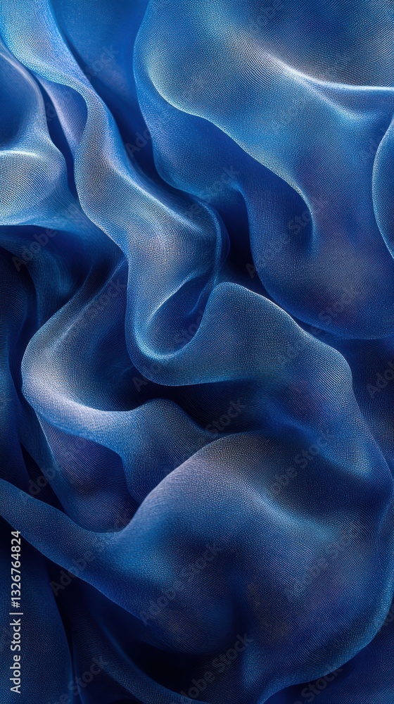 Poster layers of deep blue fabric gracefully flowing and creating soft waves in natural light