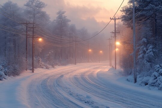 Winter Power Lines and Snowy Landscape in Cold Finland with Forest and Morning Light - Powered by Adobe