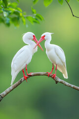 Obraz premium Two white birds with red beaks and legs perched on branch, surrounded by lush green foliage, creating serene and natural setting