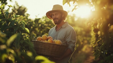 Man in a hat holding a basket of peaches in a sunny orchard at sunset