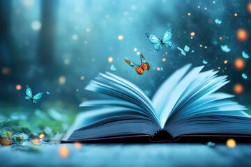 Magical transformation open book with butterflies enchanted forest fantasy art dreamy atmosphere close-up view imagination and wonder