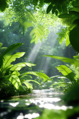 Fototapeta premium lush, sunlit forest with vibrant green foliage and serene stream flowing through dense vegetation, creating tranquil atmosphere. Sunbeams filter through canopy, illuminating scene