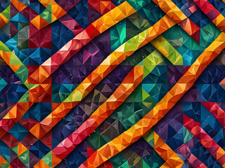 Create an image of a colorful mosaic pattern that seems to change and shift depending on the viewer's perspective, with geometric shapes and lines appearing to move and morph when viewed