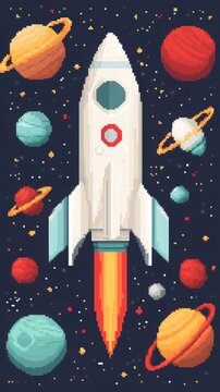 A pixel-art rocket ascends through a colorful galaxy, surrounded by various planets and stars, creating a vibrant space-themed scene.