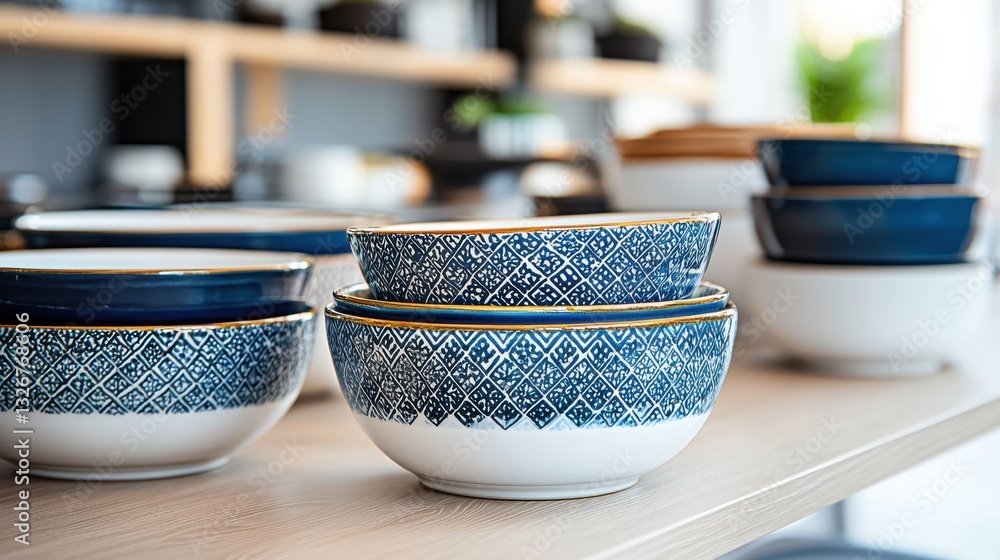 Poster elegant decorative ceramic dinnerware set displayed on a dining table in soft light eye-level view w
