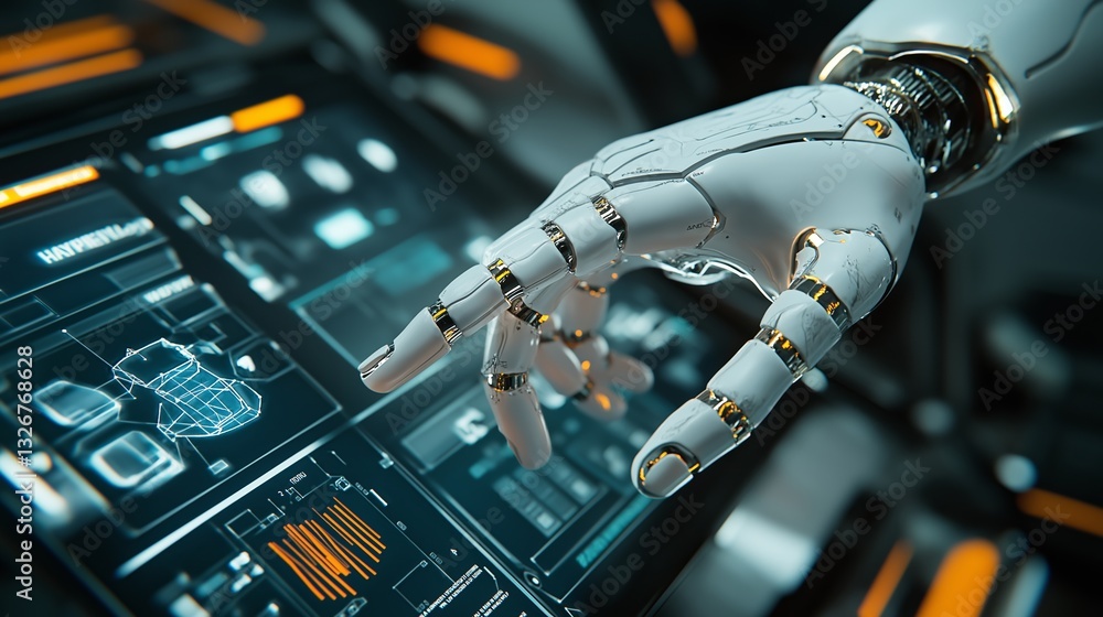 Poster robotic prosthetic hand engaged with advanced interactive technology display