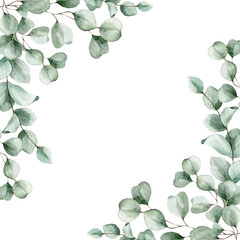 Watercolor illustration card eucalyptus leaves frame. Isolated on white background. Hand drawn clipart. Perfect for card, postcard, tags, invitation, printing, wrapping. © Karina Martirosova