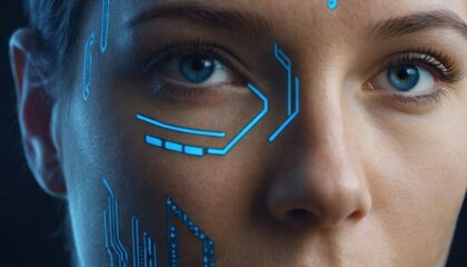 Futuristic woman with glowing blue lines.