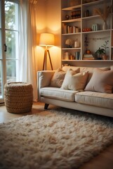 Cozy & Calm: A Home Interior with Soft Lighting, Plush Rug, Neutral Tones, and a Bookshelf Filled with Warmth and Personality.