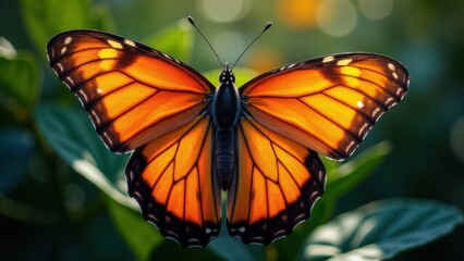 A real butterfly with vibrant orange and black wings is perched on a green leaf, showcasing its intricate patterns and colors.