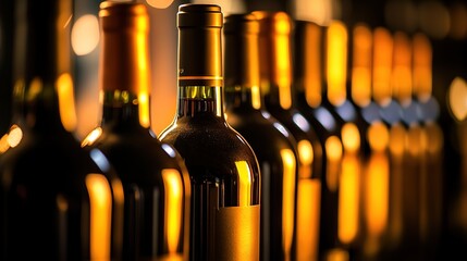 A row of wine bottles in focus, soft background blur; elegance and craftsmanship in every detail.
