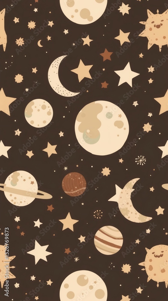 Poster a celestial-themed pattern featuring moons, stars, and planets set against a dark backdrop. this des