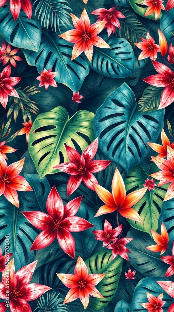 Poster a colorful floral pattern with exotic flowers and large leaves. the image evokes a sense of vibrancy