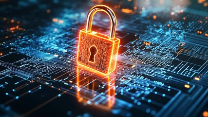Padlock security on a circuit board illustrating data protection and cybersecurity